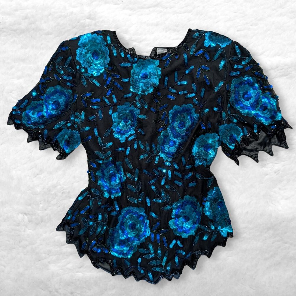 vintage scala silk beaded sequin floral blouse
